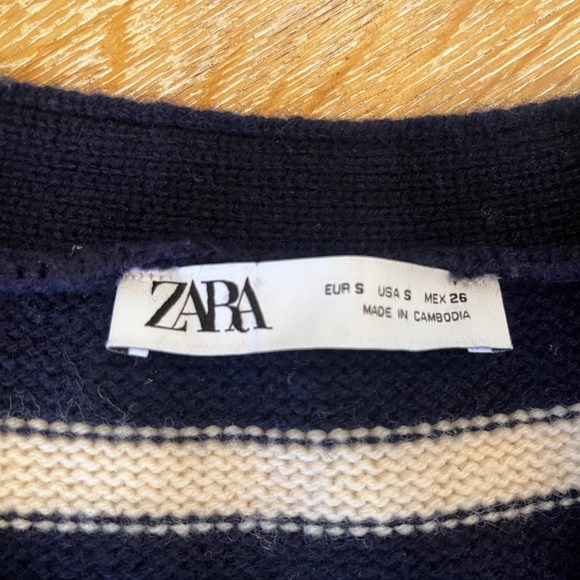 NWOT Zara Women's 100% Wool Navy & White Striped Academia Knit Cardigan - Picture 6 of 6